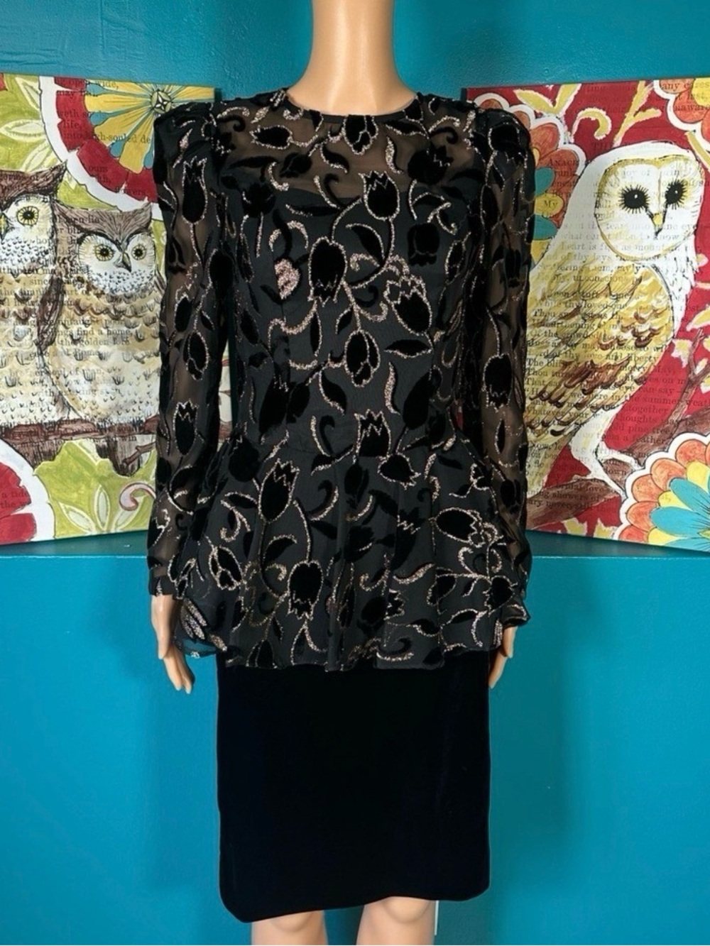 Vintage Cachet by Bari Protas Dress Women's S Black Velvet Peplum Tulip Floral